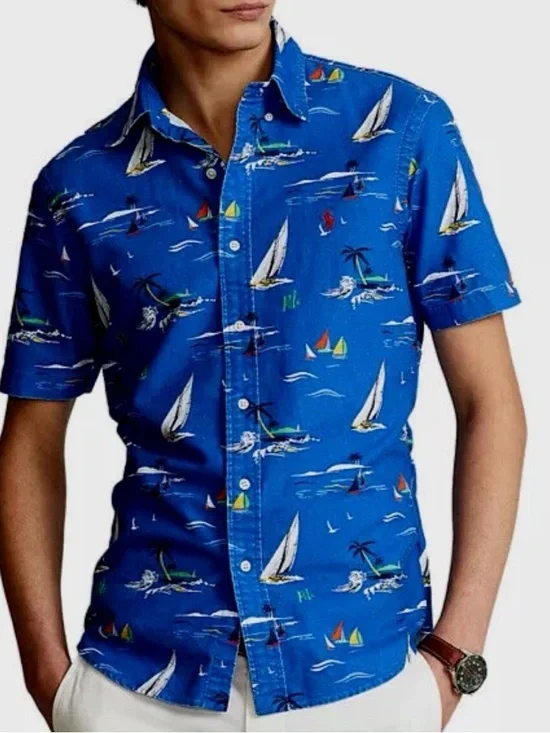 Polo Ralph Lauren Blue Classic Fit Sailboat Cotton Oxford‎ Button Up Shirt