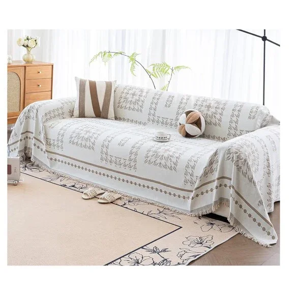 Tan Cream Houndstooth Couch Cover Blanket Boho 71