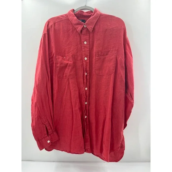 Polo Ralph Lauren Mens XL Red Linen Long Sleeve Button Down Shirt Dual Pockets
