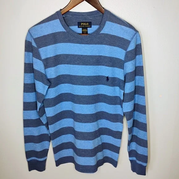 Polo Ralph Lauren Shirt‎ Mens Small Blue Striped Thermal Waffle Knit Pullover