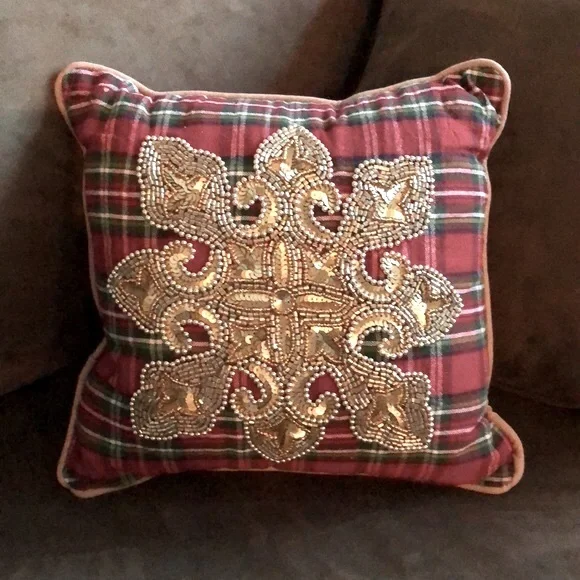 Red Plaid Gold Sequined Snowflake Pillow