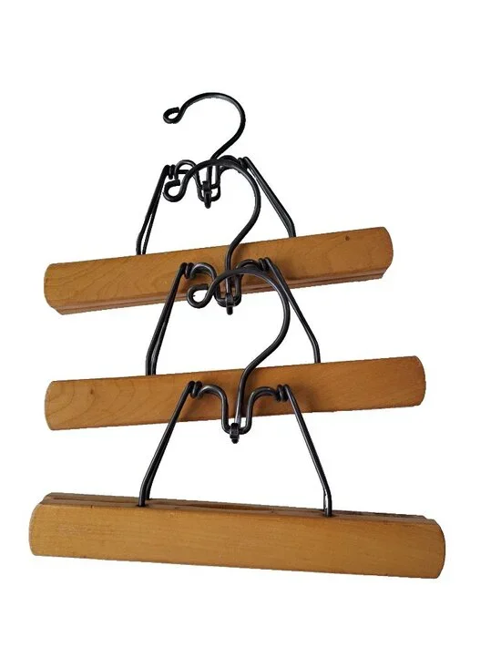 3 Pc Set VTG Wooden Metal Pants Skirt Hangers Padded Clamp 9