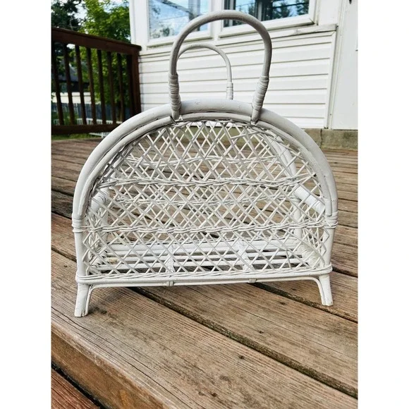 Vintage French Country White Wicker Magazine Rack