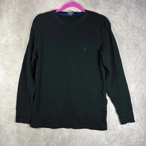 Polo Ralph Lauren Shirt Men L Black Sleepwear Thermal Waffle Knit Blue Pony Logo