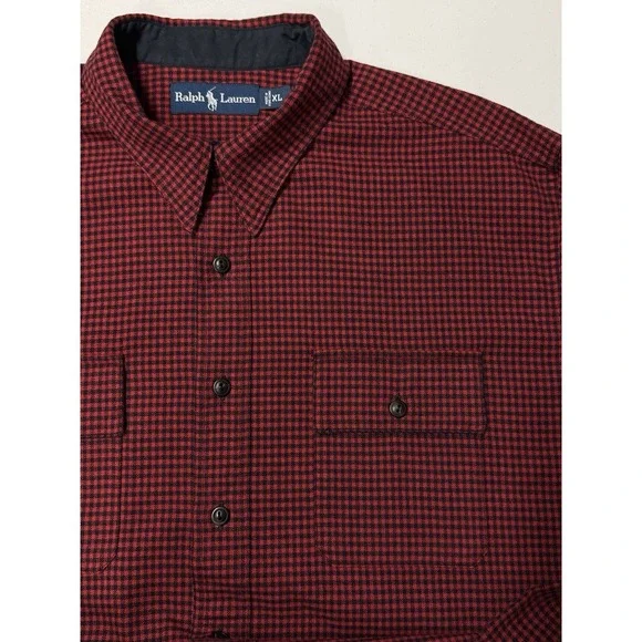 Vtg Polo Ralph Lauren Shirt Men's XL Gingham Plaid Elbow Patches Wool Blend EUC