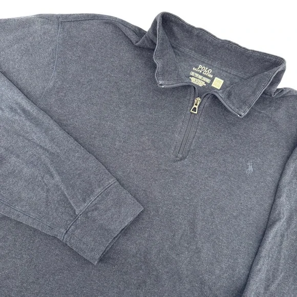 Polo Ralph Lauren Pullover Mens XXL Navy Blue Herringbone Quarter Zip Mock Neck‎