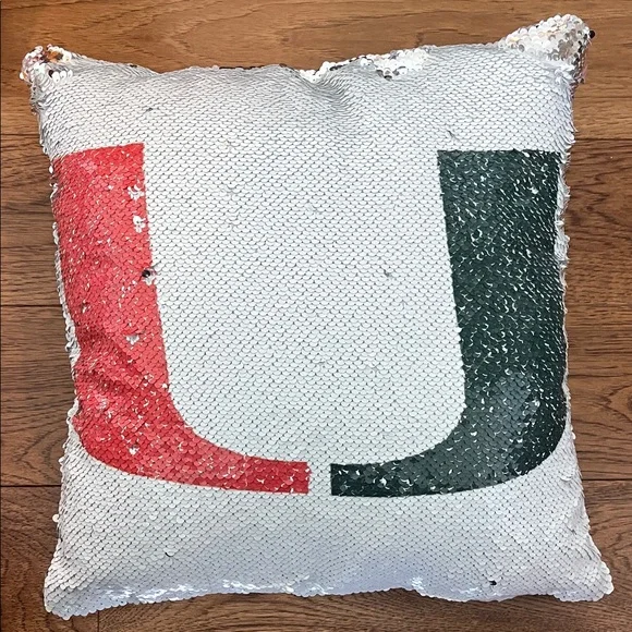 University of Miami Reversible Sequin Pillow with orange and Green Design