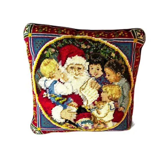 Vintage Santa Claus & Children Red Velvet Colorful Needlepoint Christmas Pillow