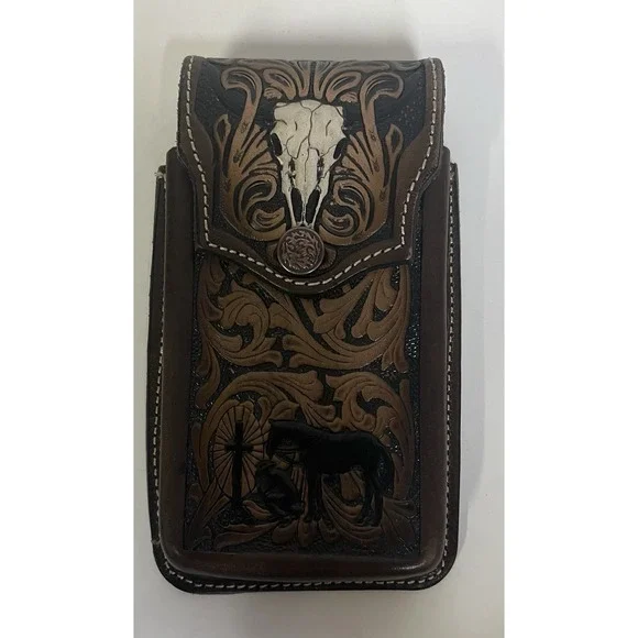 Western Cowhide Leather Western Belt Phone Holder Horse Cowboy And Cross