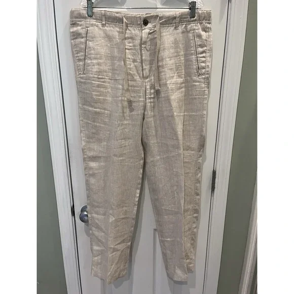Tasso Elba Island Mens L Linen Drawstring Casual Pants Beige Coastal Beach Light