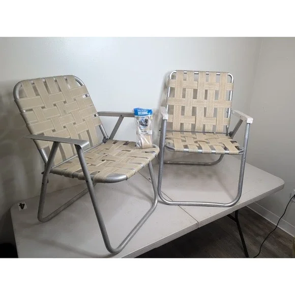 Vtg Pair Sunbeam Webbed Aluminum Folding Lawn Patio Chairs Tan w Replacement Web
