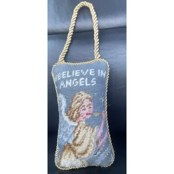 Needlepoint Christmas Pillow Door Hanger I Believe In Angels Gold Cord Vintage