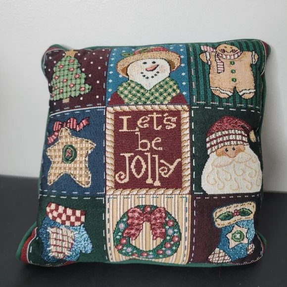 Vtg Tapestry Festive Holiday Pillow with Snowman and Santa Design