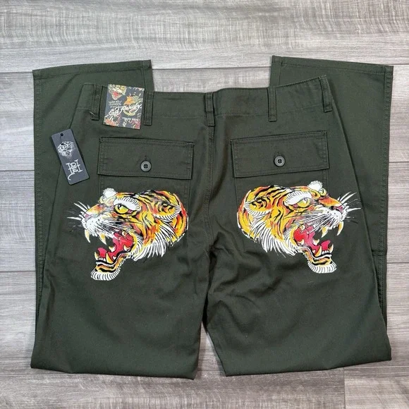 Ed Hardy Men's Screaming Tiger Straight Pants Utility Y2K Olive Size 32 NEW‎