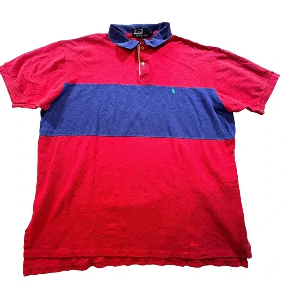 Polo Ralph Lauren Polo Shirt Men Large Red Blue Colorblock Pique Made in USA 90s