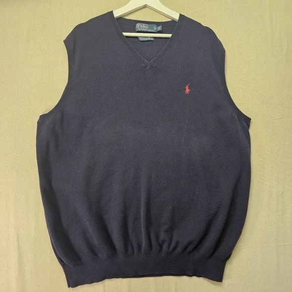 Polo Ralph Lauren Sweater Vest Men's 2XLT XXL Tall Navy V Neck Pima Cotton Golf