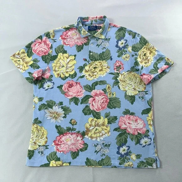 Polo Ralph Lauren Floral Polo Shirt Men XL Blue Classic Fit Cotton Mesh