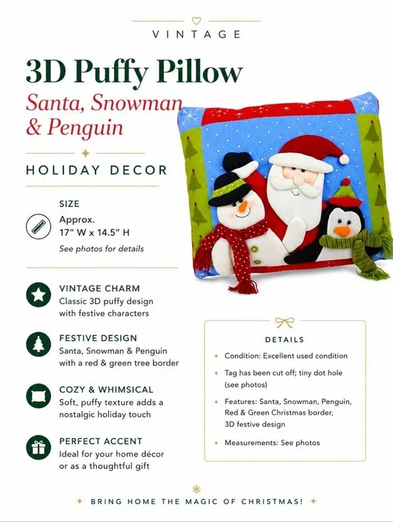 Vintage 3D Puffy Pillow Santa Snowman Penguin Holiday Decor