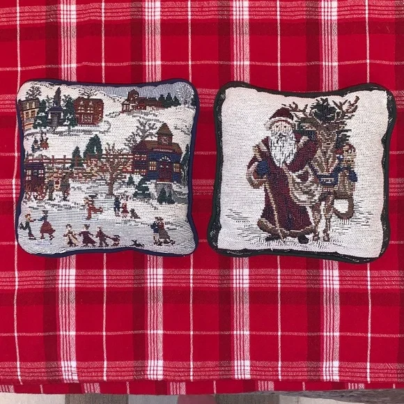 Two Vintage Like New 8x8 Festive Holiday Christmas Throw Pillows with Piping