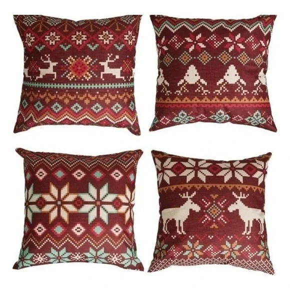 set of 4 Reindeer Moose Deer Print Holiday Christmas Winter Pillow Covers New