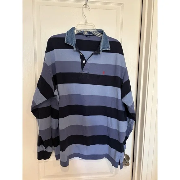 Vtg 90s Polo Ralph Lauren Rugby Shirt Striped denim collar XL Heavy 100% Cotton