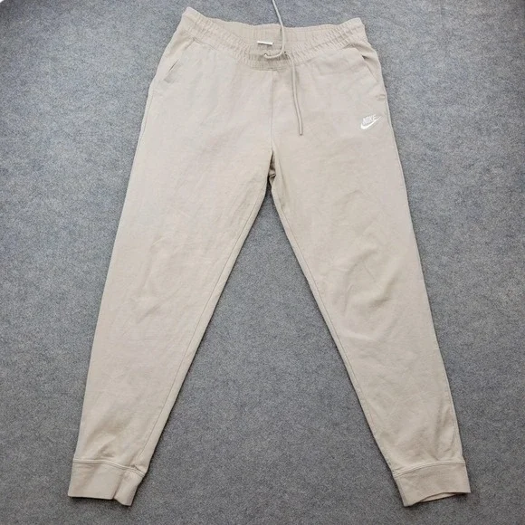 Nike Pants Mens Large Beige French Terry Joggers Elastic Waist Pockets Cuffed