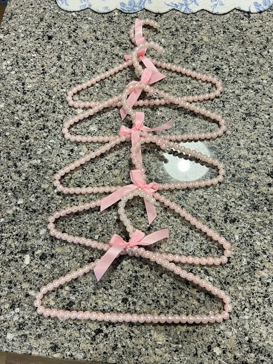 Set of 5 Pink Pearl Beaded Hangers with Ribbon Bows
