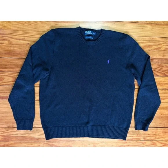 Polo Ralph Lauren Mens XL Black Cotton Crewneck Knit Sweater Purple‎ Pony Logo