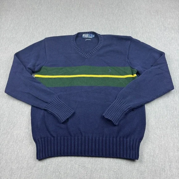 Vintage Polo Ralph Lauren Sweater Mens Medium Blue V Neck‎ Pullover Cotton Knit