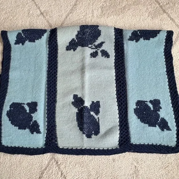 Vintage Handmade Knit Afghan Throw Blue Floral Panel Cottagecore Crochet Blanket