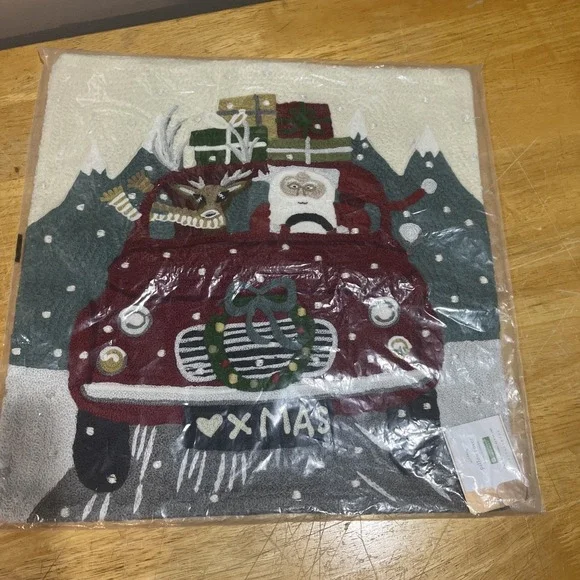 NEW Pottery Barn Road Trip Santa Crewel Embroidered Pillow Cover, Christmas‎