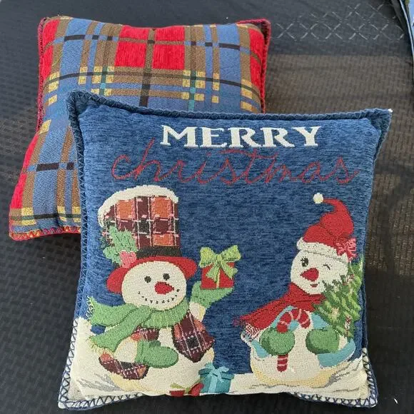 VTG Tapestry Snowman Throw Pillow Merry Christmas Plaid Red Blue Christmas Lot 2