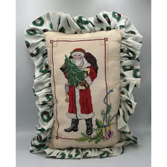 Vtg Original Cross‎ Stitch Santa Claus & Christmas Pillow