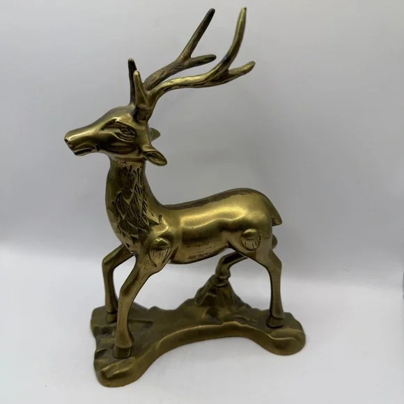 Solid Brass Buck Deer Reindeer Figure Statue Wildlife Nature Vintage 8.5