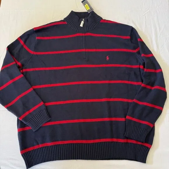 Polo by Ralph Lauren | Classic Striped Quarter Zip Sweater NWT | Navy Red Cotton