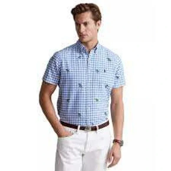 Polo Ralph Lauren Blue Gingham Palm Tree Short Sleeve Shirt Big & Tall XL