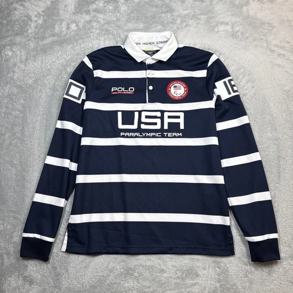 Polo Ralph Lauren Paralympic Team Polo Shirt Men Medium USA Striped Blue 2016
