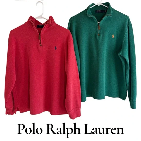 Polo by Ralph Lauren Lot of 2 Men's Red & Green Quarter-Zip Pullovers. Med. EUC!
