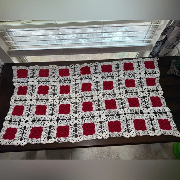 Handmade Red and White Crochet Runner