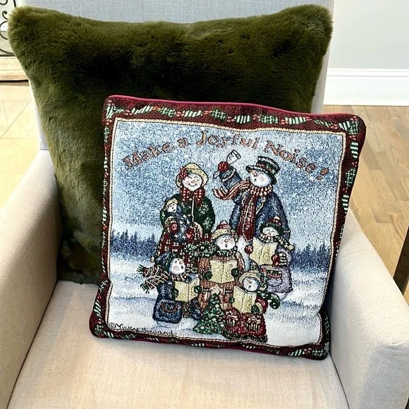 Vintage Holiday Tapestry Snowmen Pillow