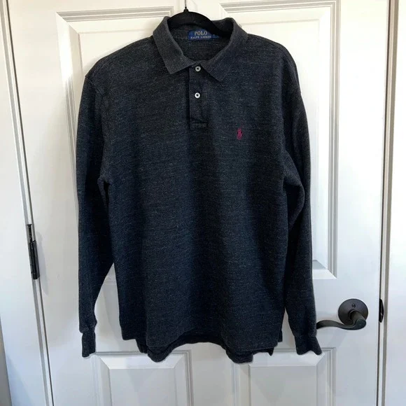 Polo Ralph Lauren Long‎ Sleeve 2 Button Collared Knit Shirt Dark Gray Size Large