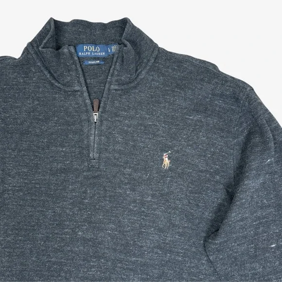 Polo Ralph Lauren Men's Large Estate Rib Q Zip Pullover Heather Gray‎ Flesh Pony