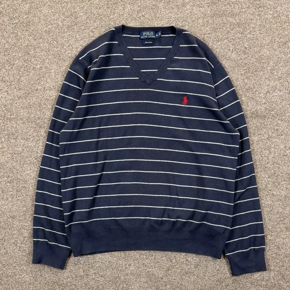 Vintage Y2K Polo Ralph Lauren Navy Striped V-Neck Cotton Sweater Men’s XL Preppy