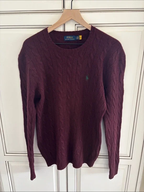 Polo Ralph Lauren Wool Cashmere Cable Knit Preppy Sweater Burgundy Mens Medium