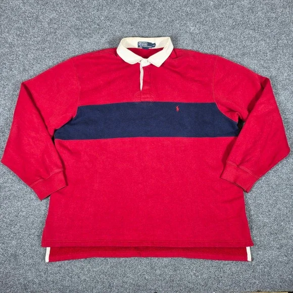 Polo Ralph Lauren Men 2XL Red Navy Blue Striped Fleece Rugby Shirt Long Sleeve