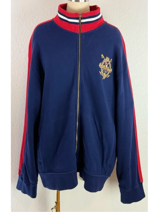 Polo Ralph Lauren Vintage Men's Bomber Sweater Jacket w/ Gold Crest Blue/Red, XL