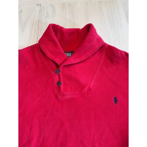 Polo Ralph Lauren Mens XXL Red Cotton Shawl Neck Button Pullover Sweater Logo