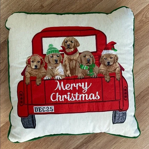 Pier 1 Merry Christmas Embroidered Pillow Dogs In Red Truck 16x16