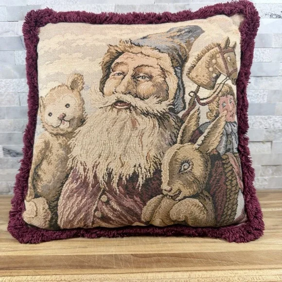 Vintage Santa Claus Tapestry Throw Pillow‎ Burgundy Fringe Velvet Back 11x11