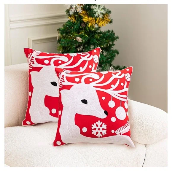 Christmas deer Pillow Covers 18x18 Inch,Set of 2,Deer Winter Throw Pillows, red